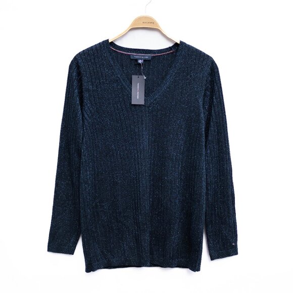 Tommy Hilfiger Womens XXL Blue Metallic V-Neck Pullover Sweater Glam Holyday NWT - Picture 1 of 7
